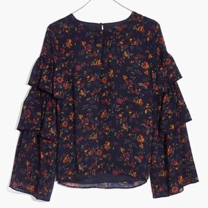 Madewell Navy Floral Ruffle Sleeve Blouse Size M